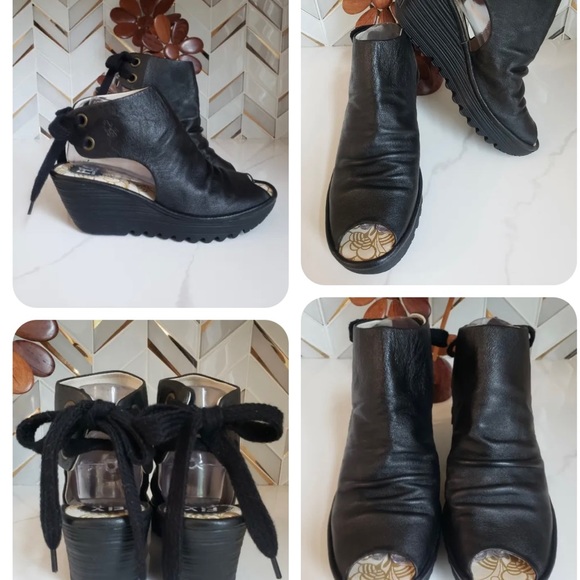 Fly London Yame Slouch Ankle Bootie 39 EU 8-8.5 US Black Leather Peep Toe Wedge - Picture 3 of 3